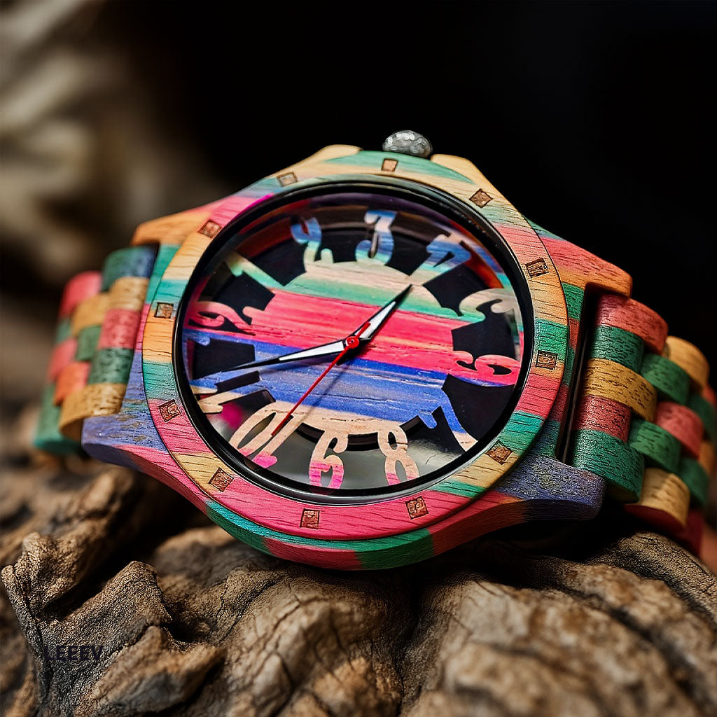 EV1027-MixColour Multi Color Band Solid Wood Watch