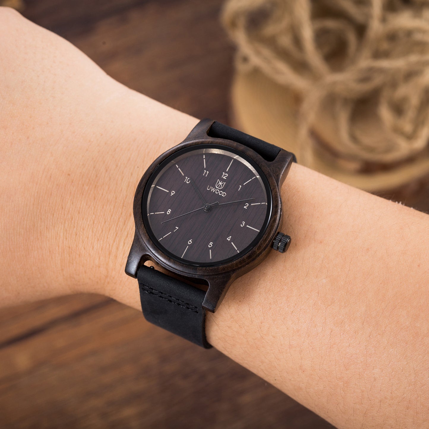 Uwood UWH-1008 Black Sandal Wood Genuine Black Leather Strap