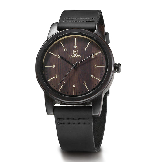 Uwood UWH-1008 Black Sandal Wood Genuine Black Leather Strap