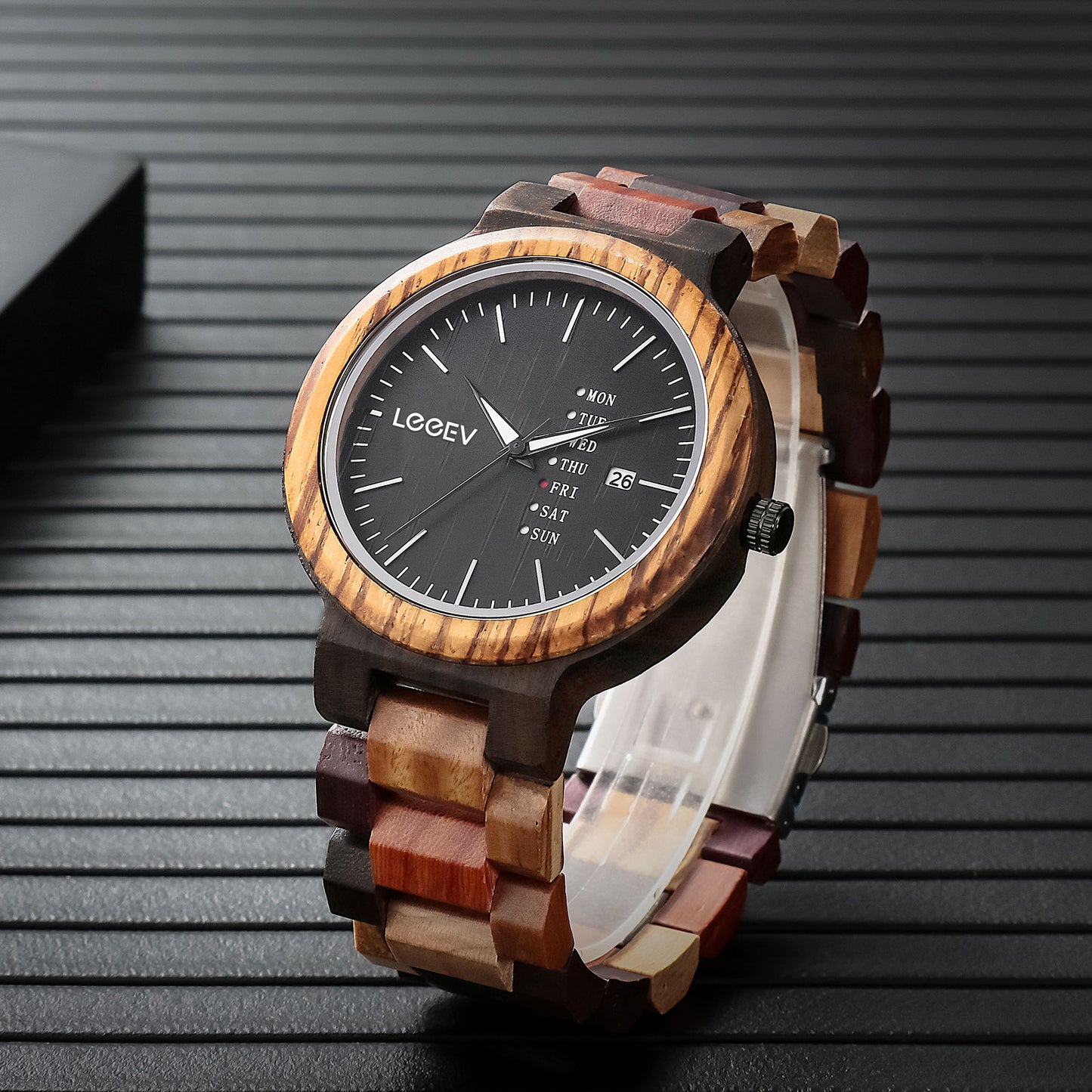 EV1010_Mix Multi Color Band Solid Wood Watch