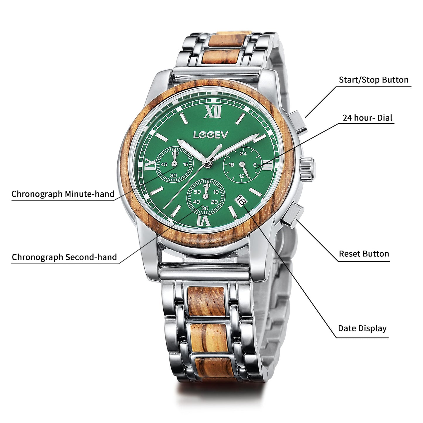 EV1016 Stainless Steel & Wood Watch for Men Green/Blue