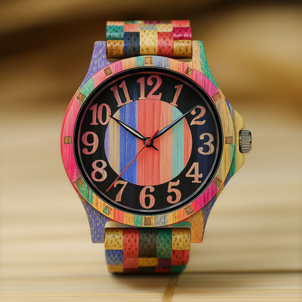 EV1027-MixColour Multi Color Band Solid Wood Watch