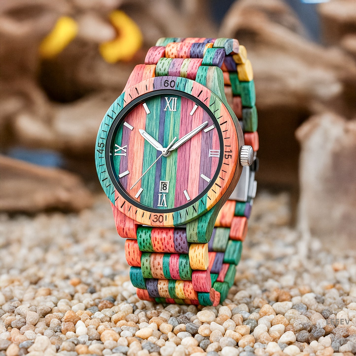 EV1024-MixColour Multi Color Band Solid Wood Watch