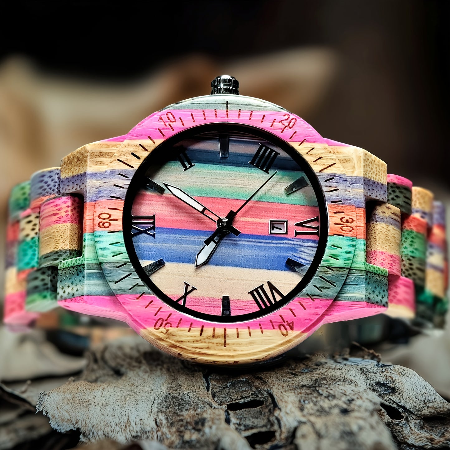 EV1024-MixColour Multi Color Band Solid Wood Watch