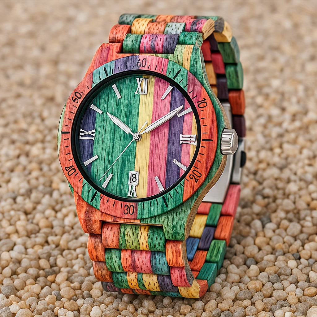 EV1024-MixColour Multi Color Band Solid Wood Watch