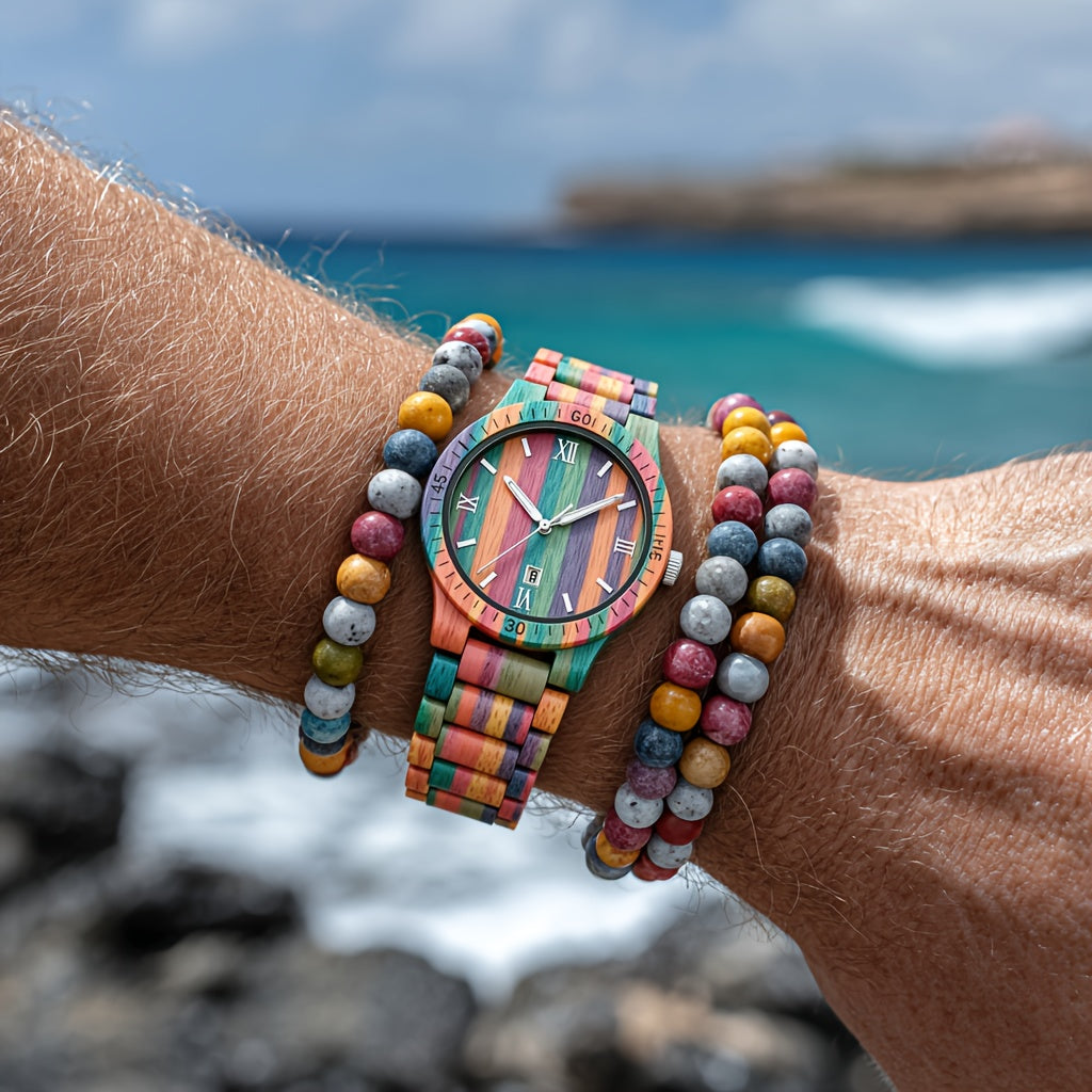 EV1024-MixColour Multi Color Band Solid Wood Watch