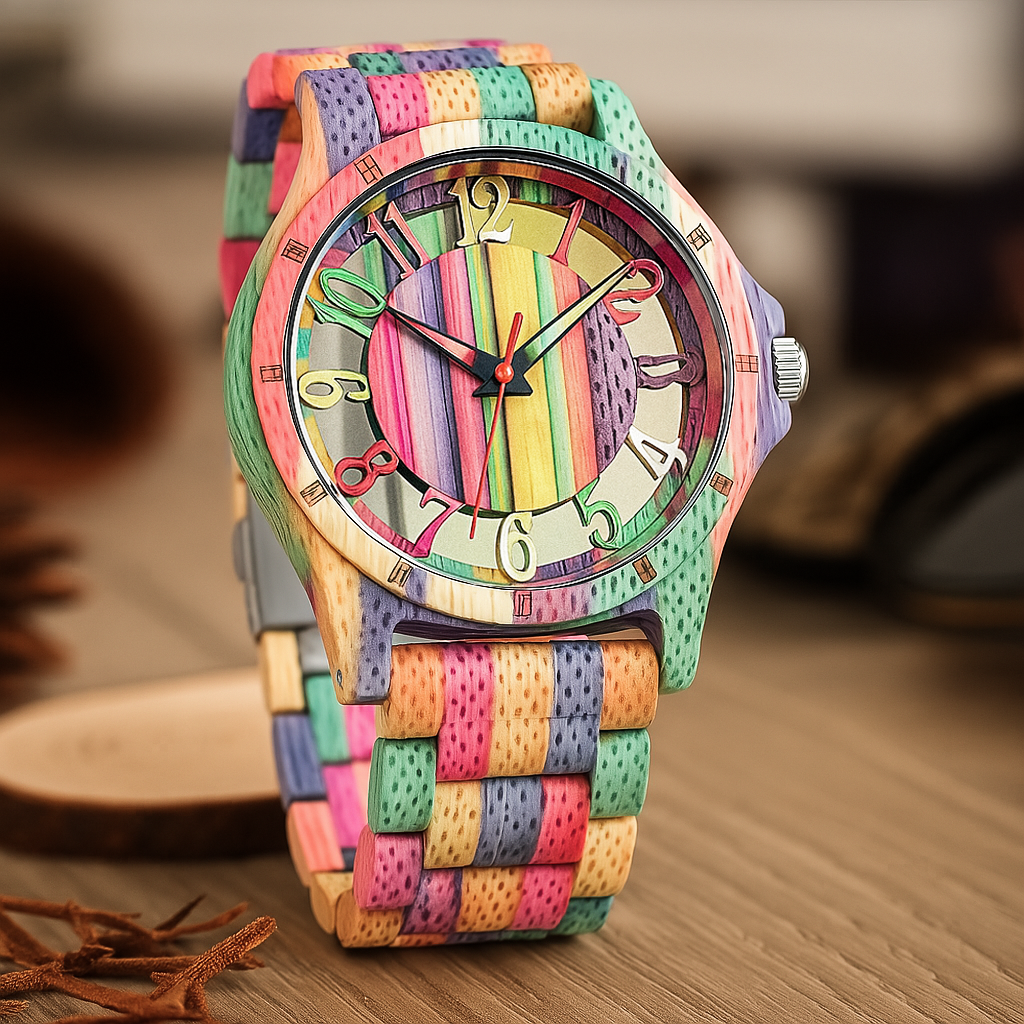 EV1027-MixColour Multi Color Band Solid Wood Watch