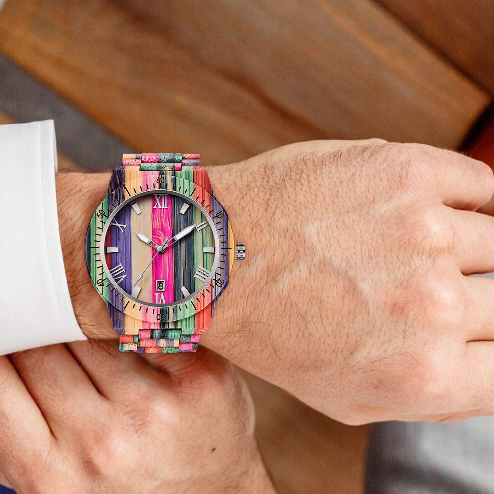 EV1024-MixColour Multi Color Band Solid Wood Watch