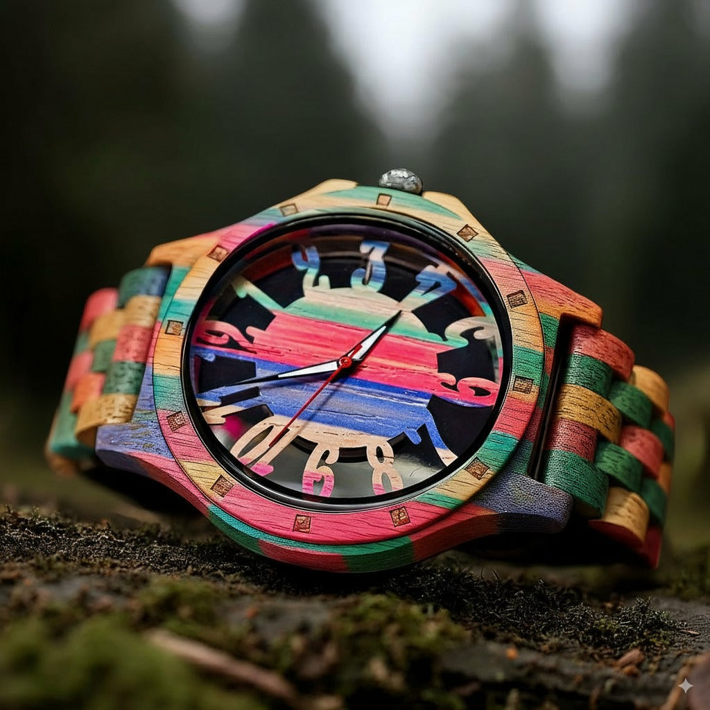 EV1027-MixColour Multi Color Band Solid Wood Watch