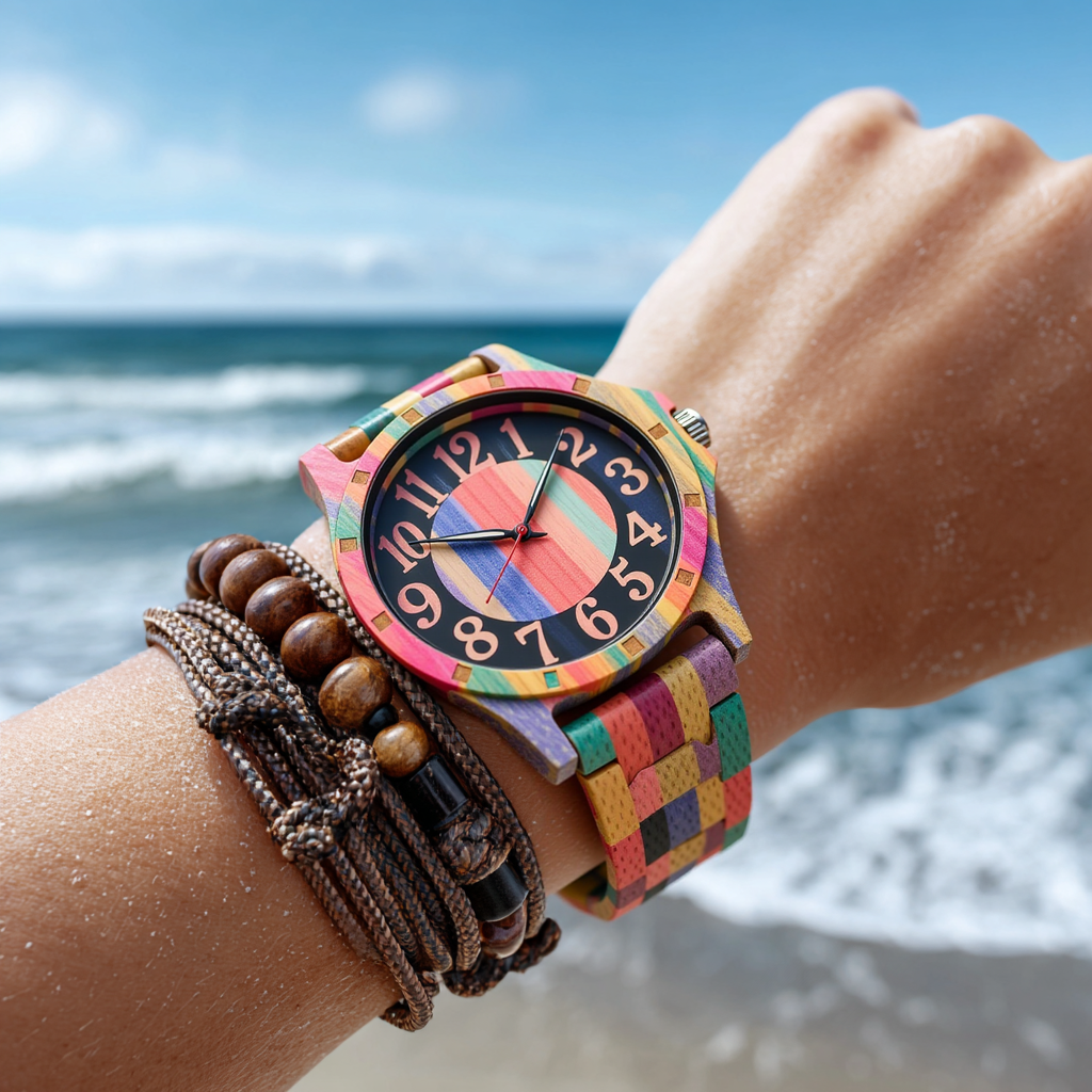 EV1027-MixColour Multi Color Band Solid Wood Watch