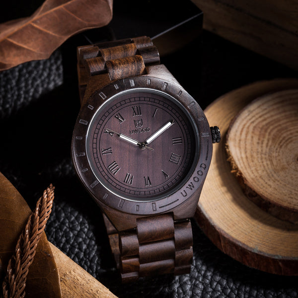 UWOOD UW001 Black Brown Sandal Wood Watch for Men